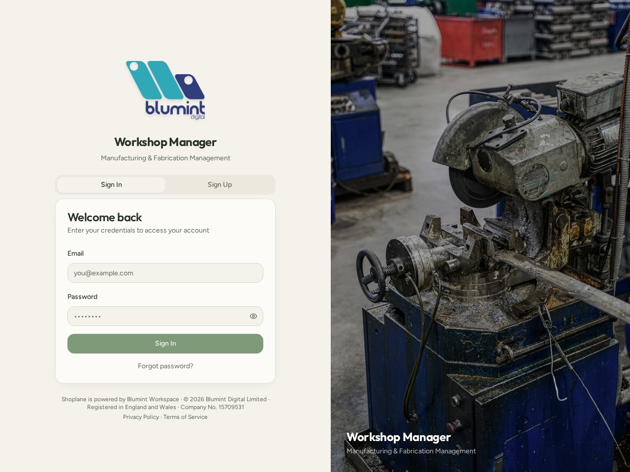 Workshop Manager sign-in screen, a manufacturing and fabrication management platform by Blumint Digital